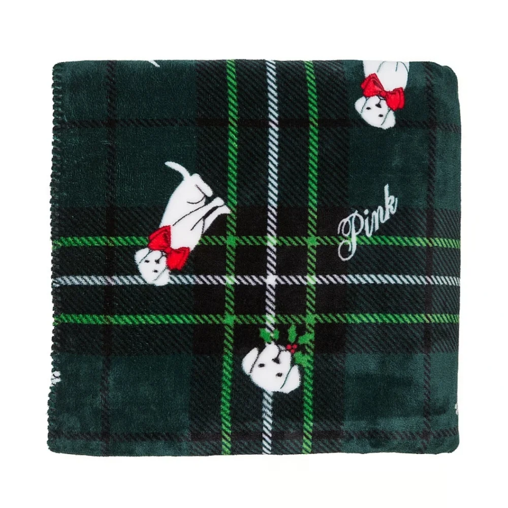 💚🖤 VICTORIA'S SECRET Green Plaid Dog COZY SHERPA BLANKET 🖤💚